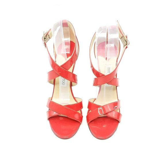 Jimmy Choo Xenia Strappy Patent Leather Sandals | Size EU 38  Jimmy Choo Xenia Stiletto Strappy Patent Leather Red/Orange EU 40.5/ US 10.5